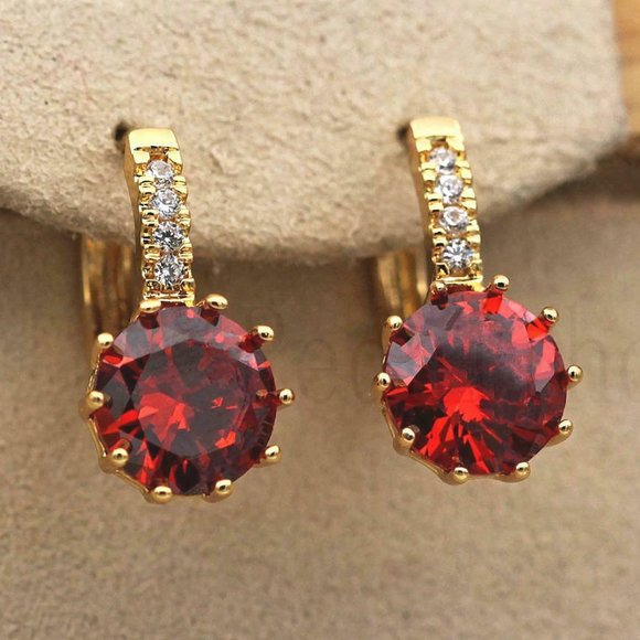 18K Gold Filled Hoop Round Red Ruby Topaz Gems CZ - Picture 2 of 6